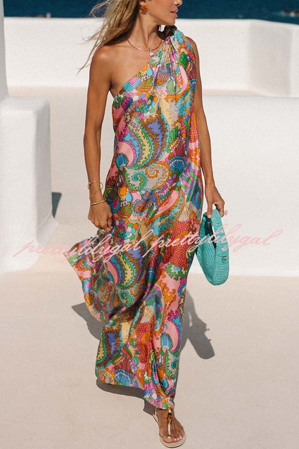 Rainbow Breeze Satin Unique Print Bow One Shoulder Loose Maxi Dress
