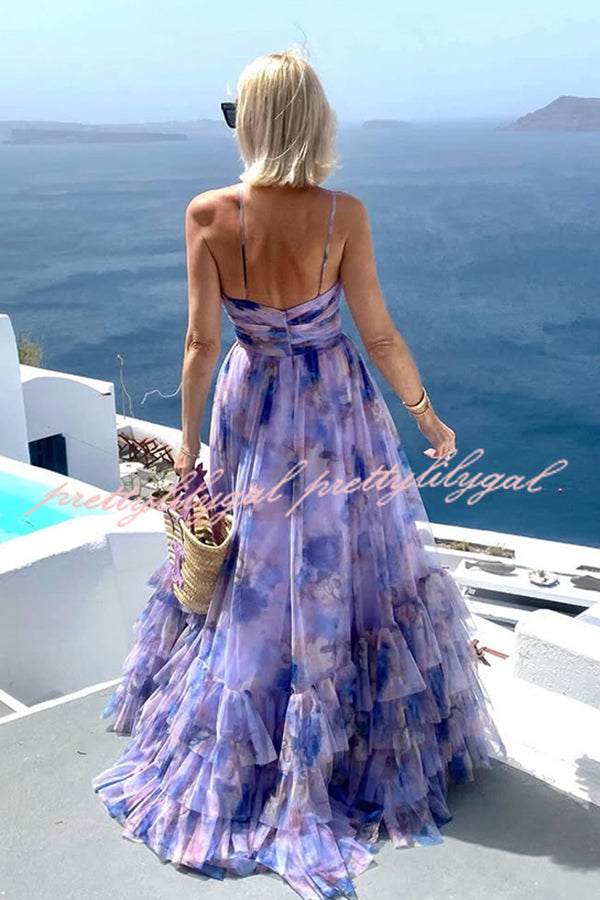 Dreamy Clouds Tulle Printed Rose Detail Cutout Ruffles Tiered Halter Maxi Dress