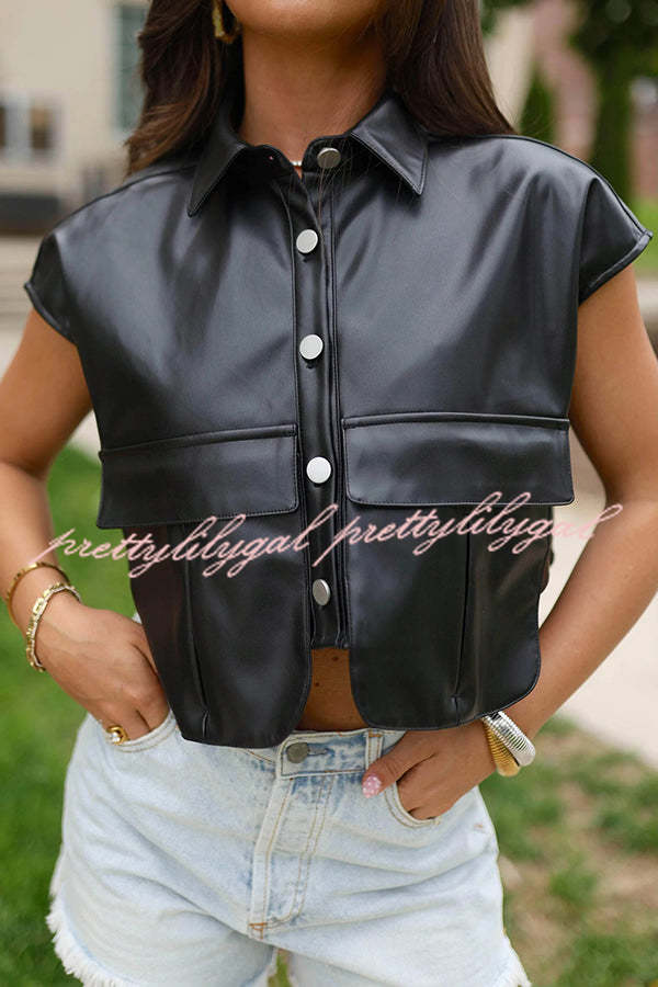 Fashion Faux Leather Pocket Sleeveless Cropped Jacket