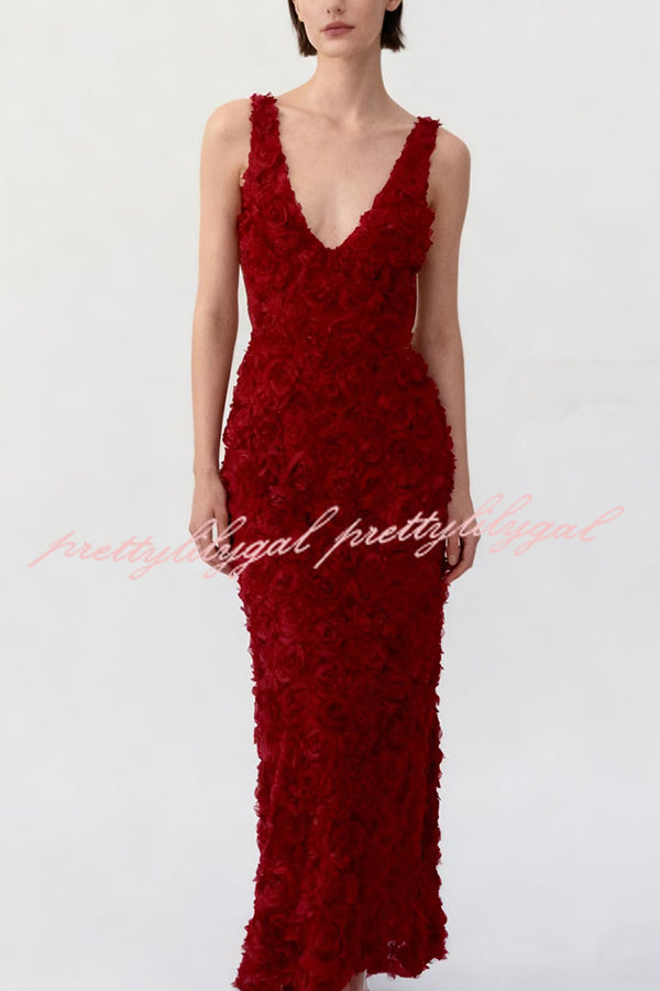 Three-dimensional Flower Sexy V-neck Slim Maxi Dress