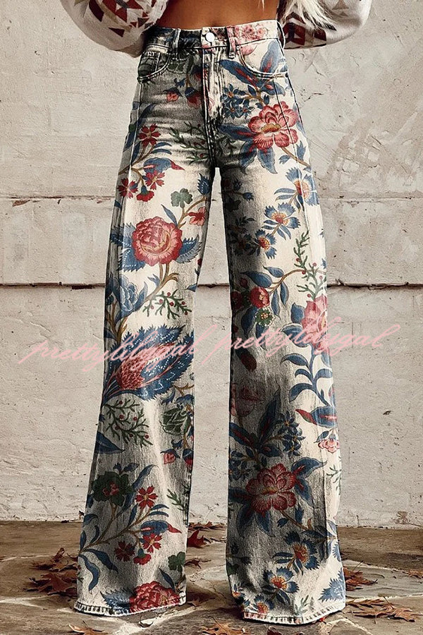 Casual Floral Print Button Pocket Wide Leg Pants