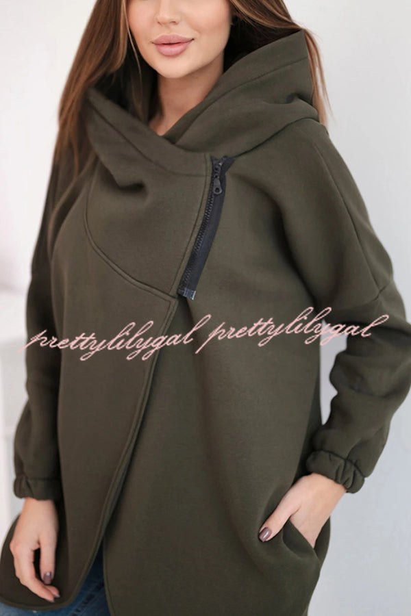 Solid Color Loose Hooded Zip-up Casual Sports Jacket