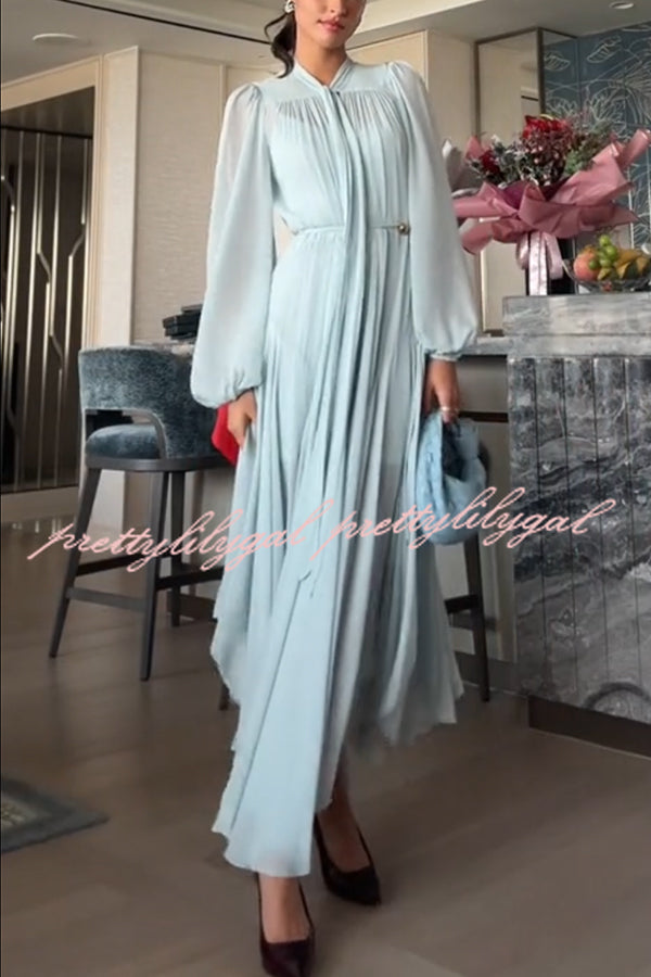 Elegant and Graceful Tie-up Neck Long Balloon Sleeve Handkerchief Midi Dress