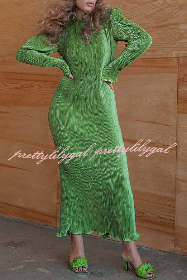 Hansin Satin Pleated Fabric Long Sleeve Wavy Trim H-line Slit Midi Dress