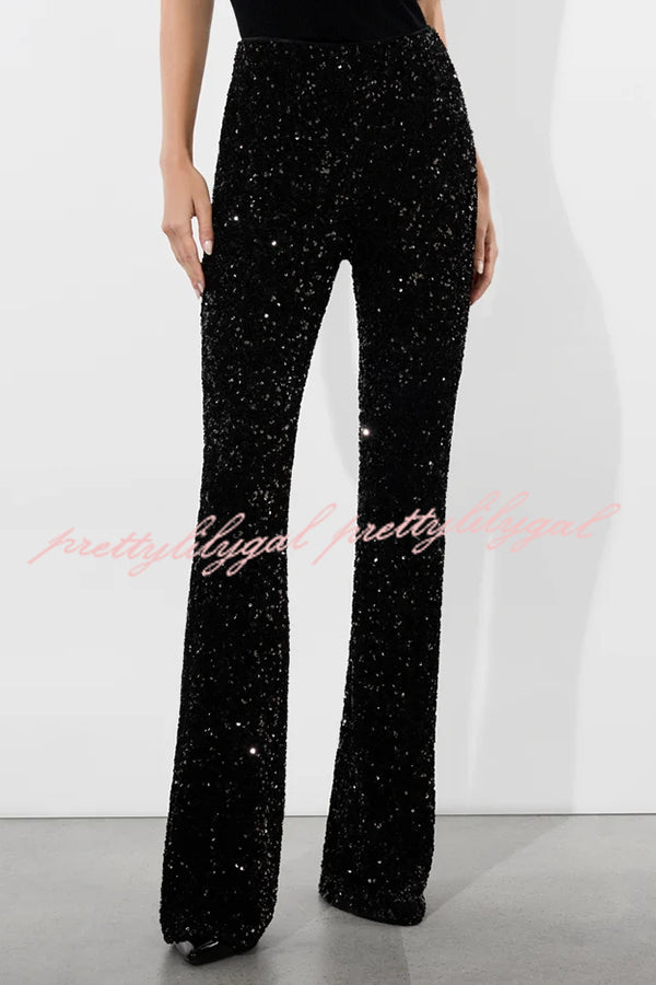 Sparkle Season Sequin High Rise Elastic Waist Stretch Flare Party Pants