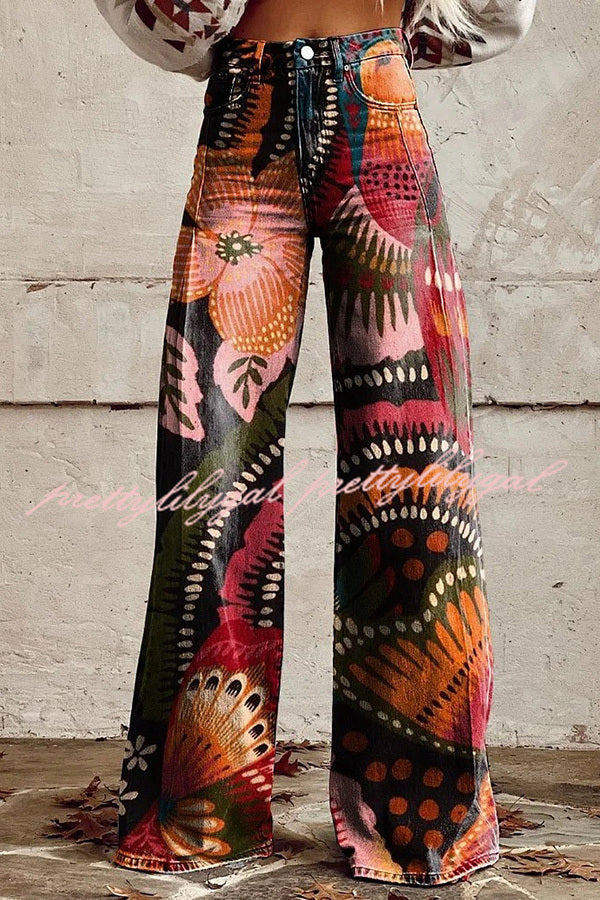 Beautiful Unique Print Button Pocket Wide Leg Pants