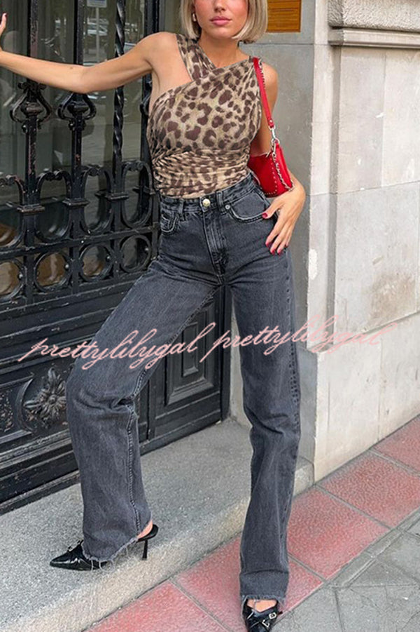 Leopard Print Asymmetric Mesh Pleated Slim-fit Rompers