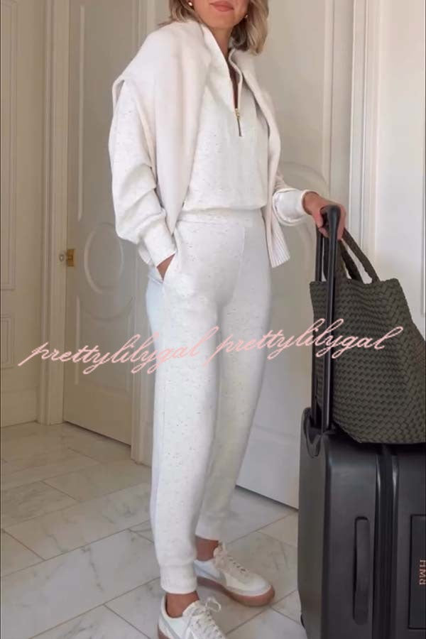 Ivory Marl Fleck Half-Zip Neck Long Sleeve Sweatshirt and Elastic Waist Pocket Jogger Set