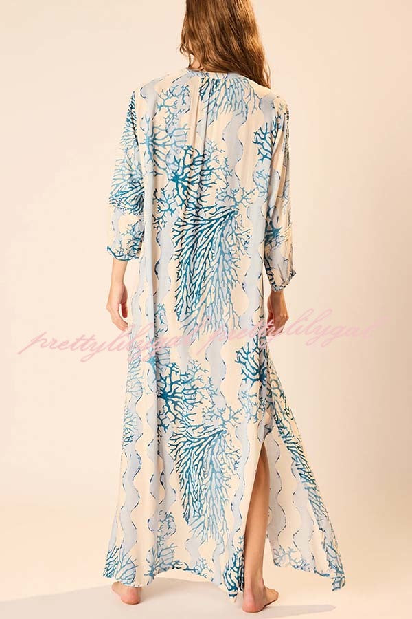Quiet Sea Unique Print Pleated Neck Long Sleeve Slit Kaftan Maxi Dress