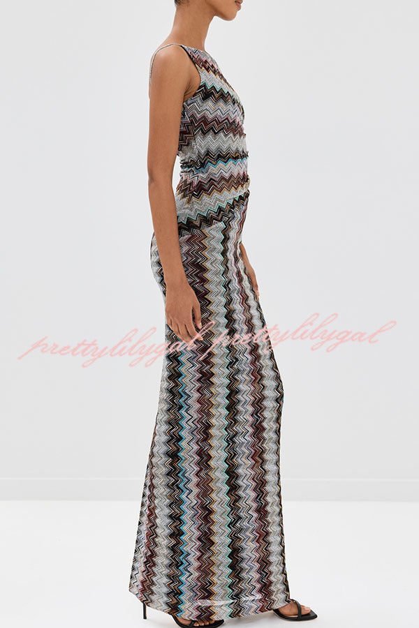 Cocktails and Vacation Knit Colorful Zigzag Pattern One Shoulder Slit Maxi Dress