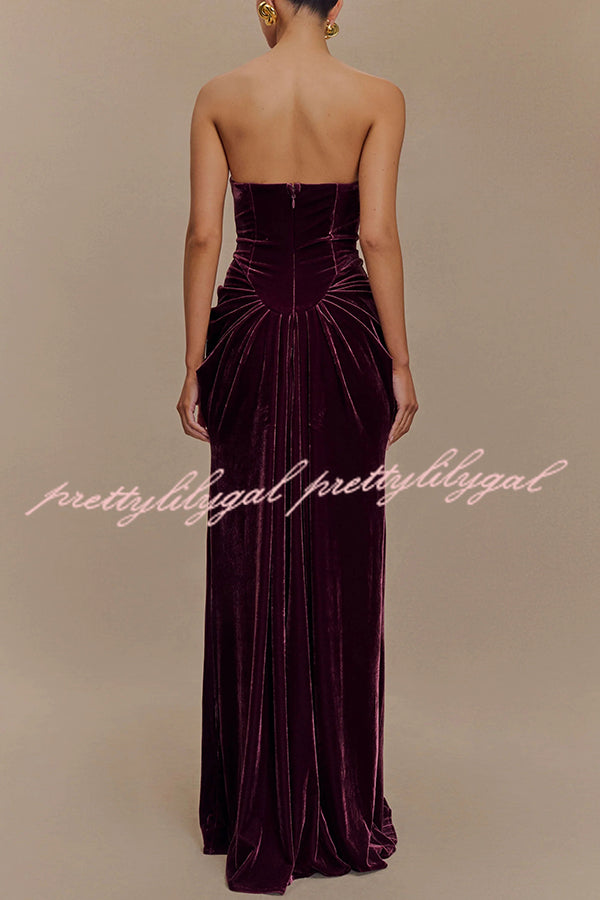 Paige Velvet Off Shoulder Side Pleated Hip Drape Maxi Dress
