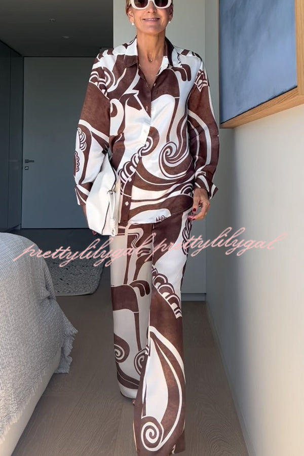 Oceanfront Views Unique Print Long Sleeve Loose Shirt and Elastic Waist Pocketed Pants Set