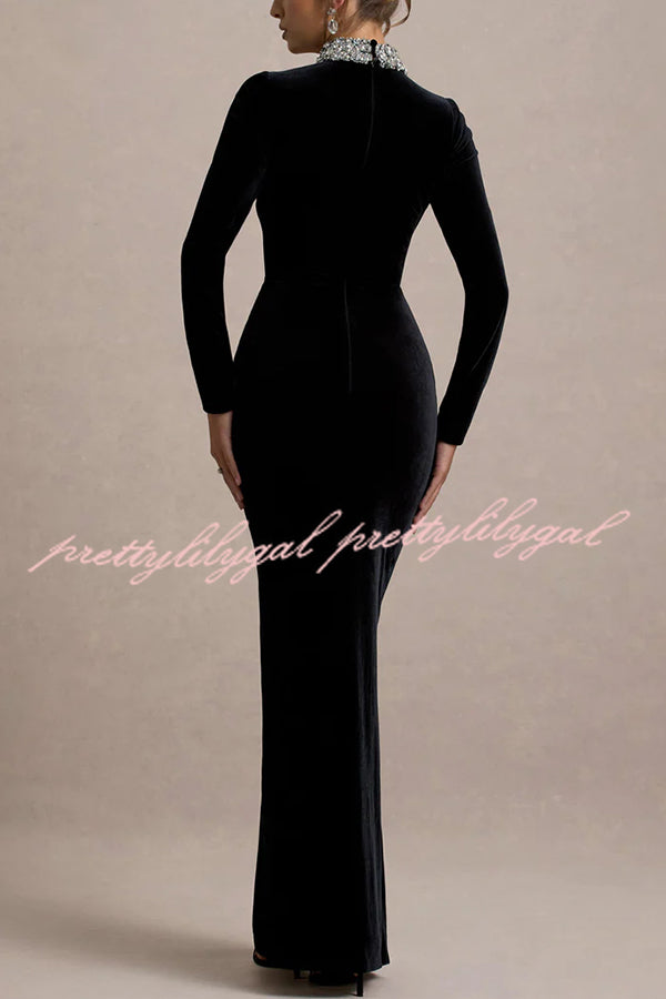 Love Lost Velvet Embellished High Neck Long Sleeve Twist Slit Maxi Dress