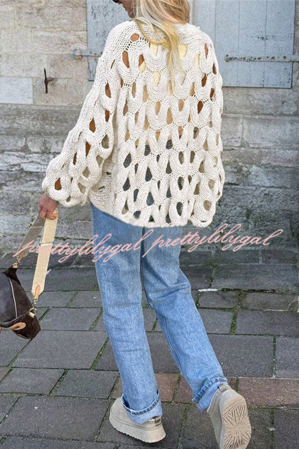Solid Color Casual Hollow Long-sleeved Holiday Knitted Sweater