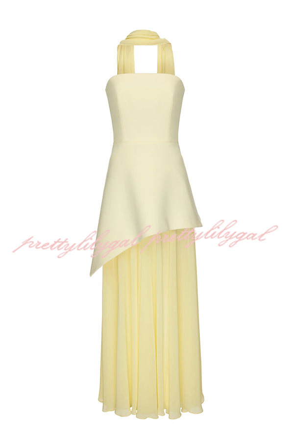 Monaco Off Shoulder Structured Top Chiffon Slit Hem Scarf Maxi Dress