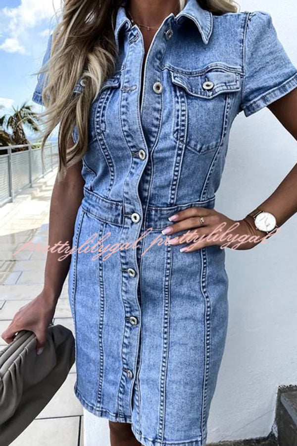 High Waist Single Breasted Denim Mini Dress