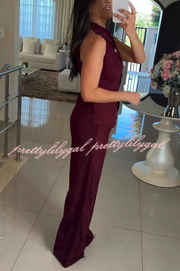 Fashion Lapel Sleeveless Button Vest and Casual Straight-leg Suit Pants Set