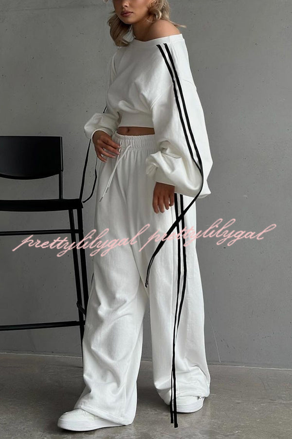 Contrast Color Webbing Casual Sweatshirt and Elastic Waist Tie Loose Pants Set