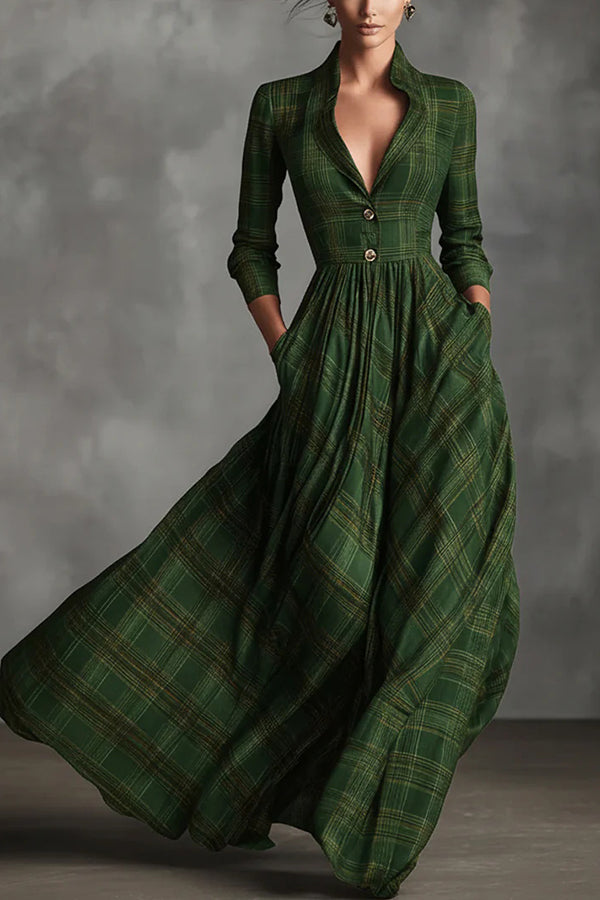 Retro Plaid Print Long-sleeved Shirt Style Casual Maxi Dress  prettylilygal
