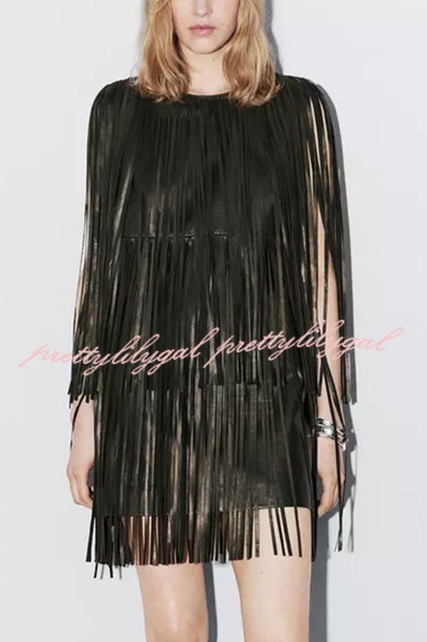 Modern Times Faux Leather Layered Tassel Design Sleeveless H-line Mini Dress