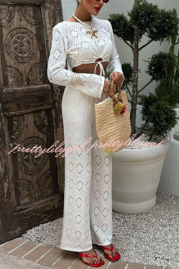 Solid Color Hollow Short Long-sleeved Top and Casual Stretch Wide-leg Pants Knitted Set