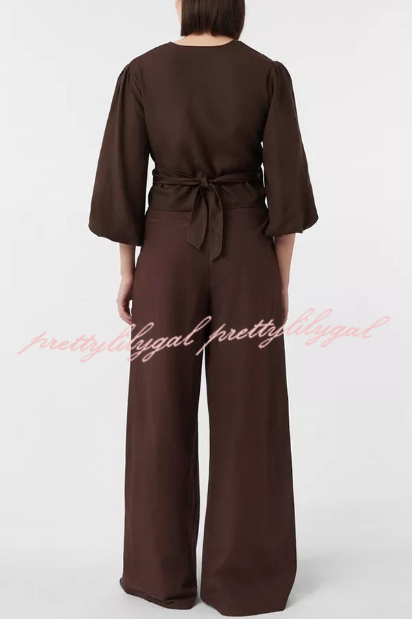 Lets Go Out Linen Blend Balloon Sleeve Wrap Tie-up Loose Top