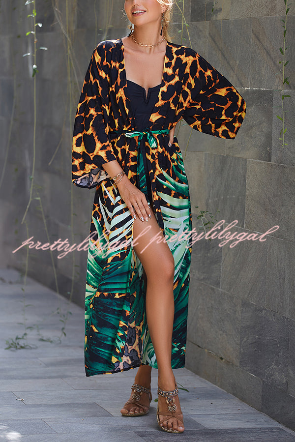 Unique Print Loose Lace Up Holiday Maxi Cover Up