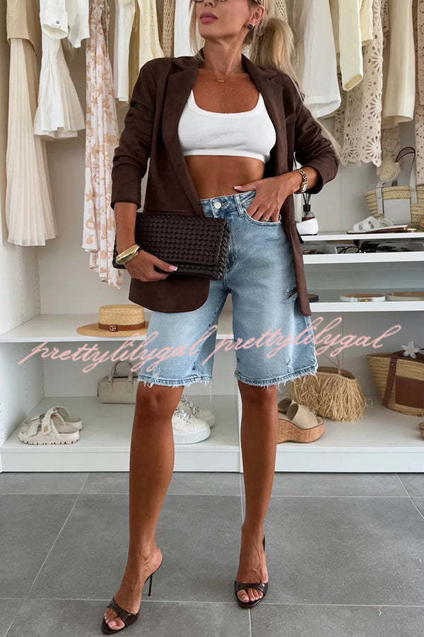 Fashion Denim Pocket Frayed Bermuda Shorts