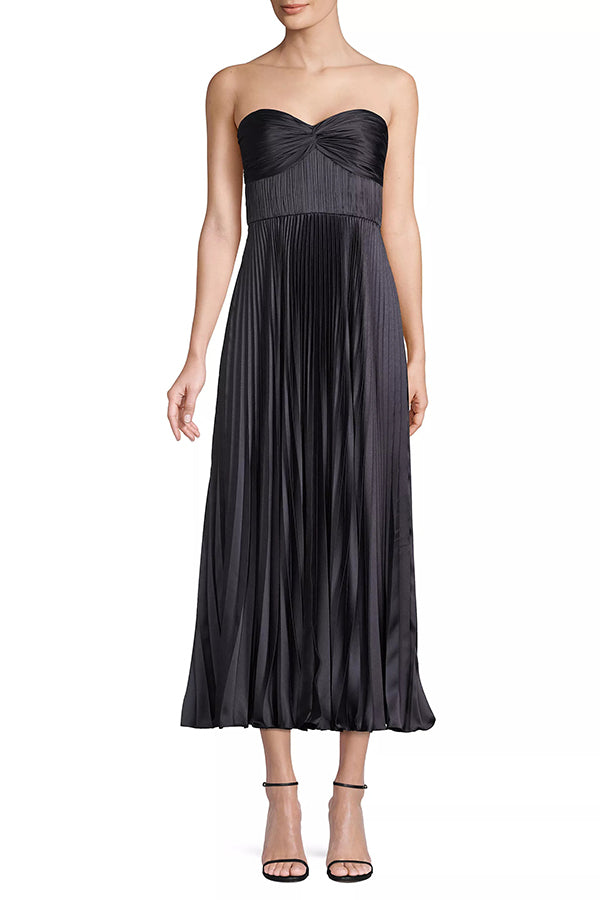 Love Note Satin Sweetheart Twist Off Shoulder Pleated Maxi Dress