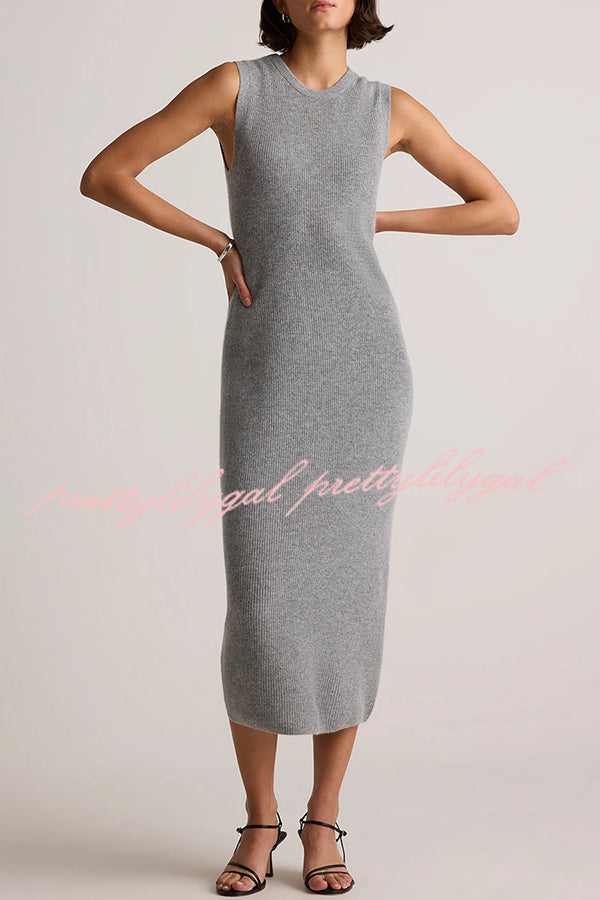 Soft and Warm Cashmere Ribbed Knit Sleeveless Midi Sweater Dress