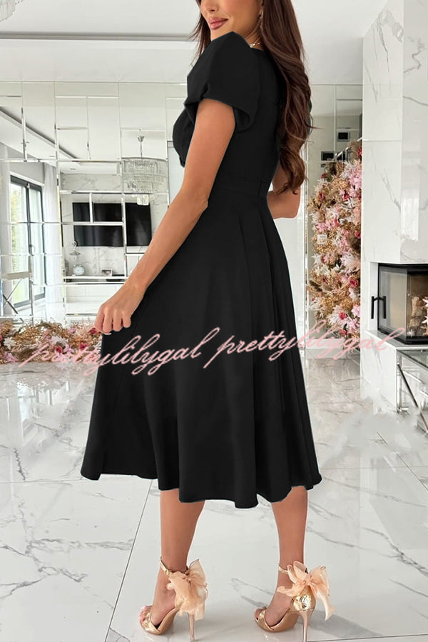 Zayla Solid Color Puff Sleeve V-neck Waist Slim Fit Midi Dress