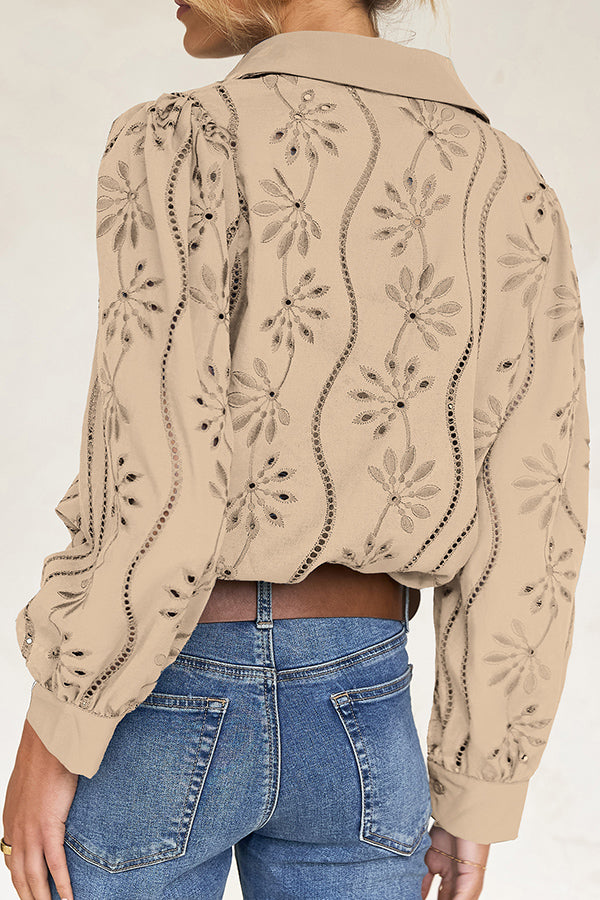 Fashion Hollow Puff Sleeve Casual Lapel Loose Shirt