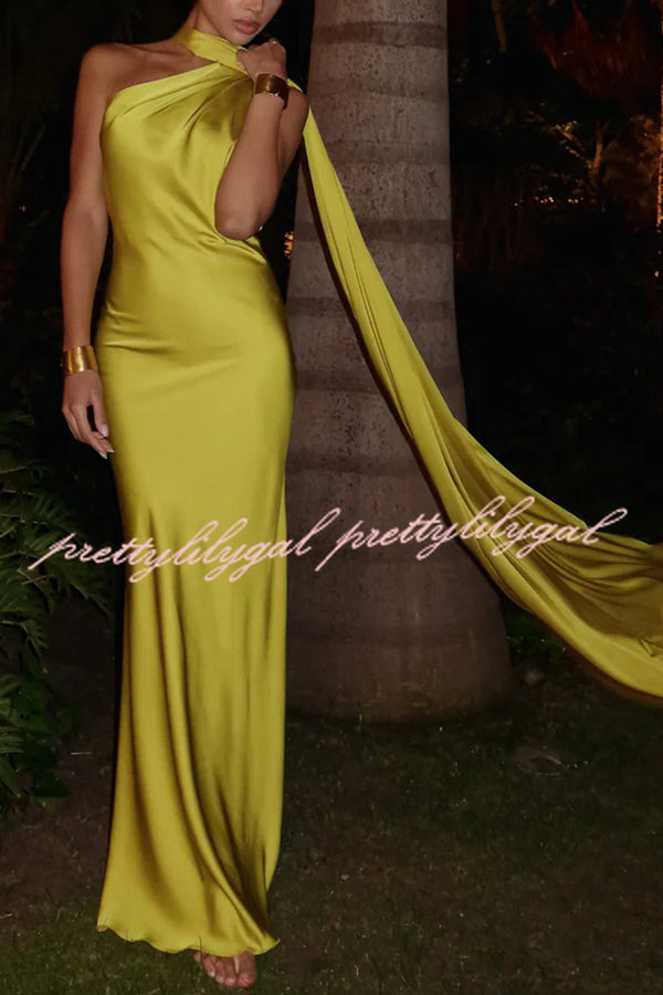 Crush on You Satin One Shoulder Backless Cape Maxi Dress