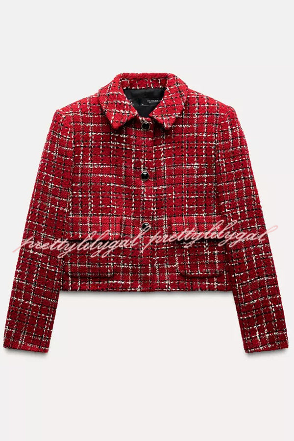 Tweed Plaid Textured Long-sleeved Casual Pocket Jacket