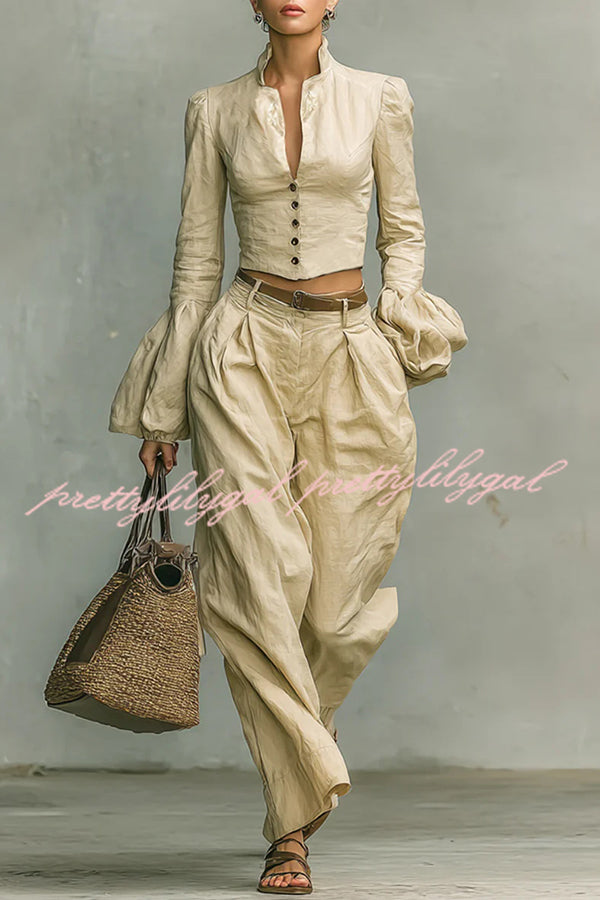 Linen-blend Long-sleeved Button-down Top and Relaxed-pocket Wide-leg Pants Set