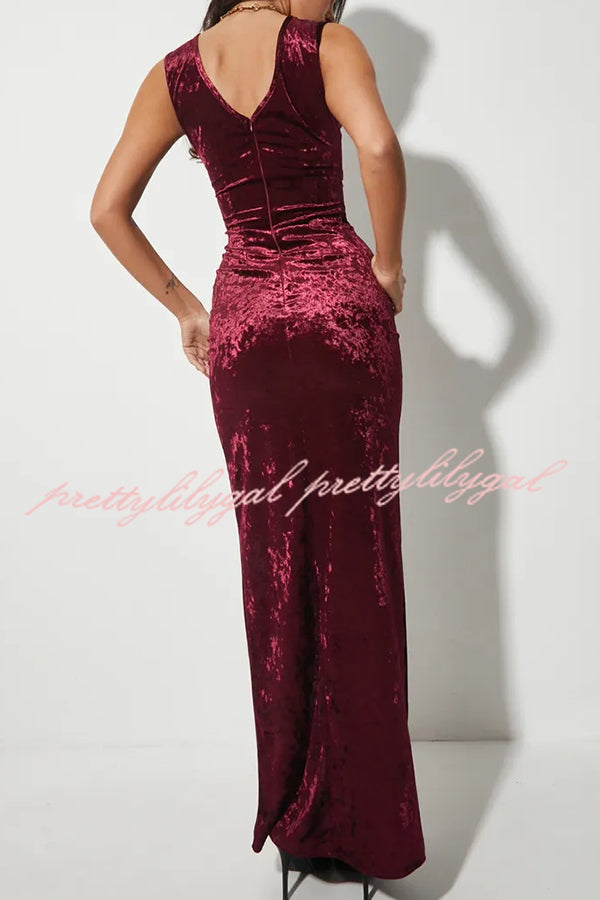 Solid Color Velvet Round Neck Sleeveless Slim Slit Maxi Dress