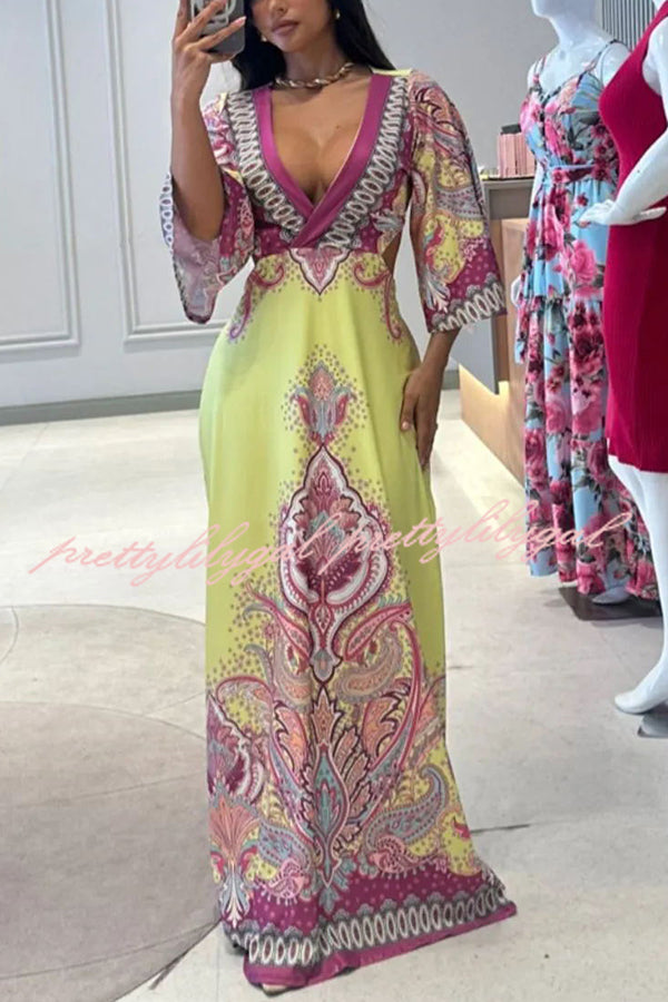 Stand Out and Shine Palace Style Print Bell Sleeve Backless Vacation Maxi Dress