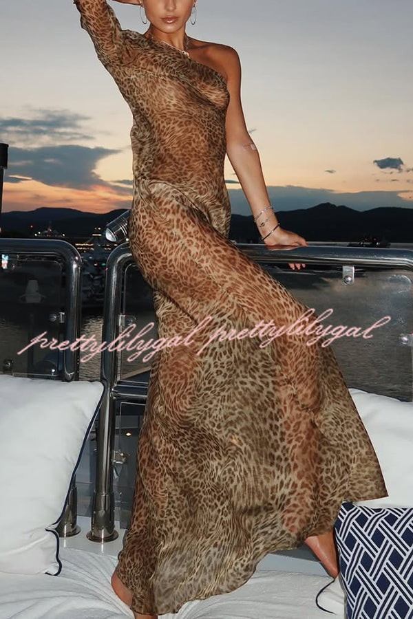Leopard Print One Sleeve Sexy See-Through Fit Maxi Dress