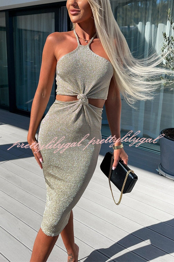 Slay The Look Knit Front Knotted Cutout Halter Midi Dress