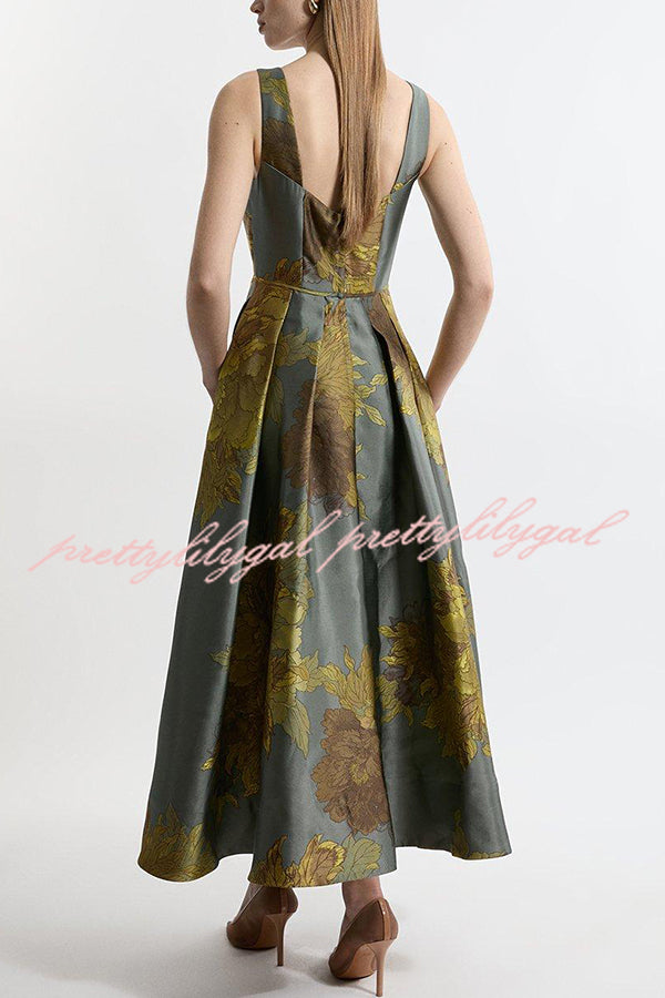 London Nights Satin Floral Pattern Square Neck Pocket Pleated Prom Maxi Dress