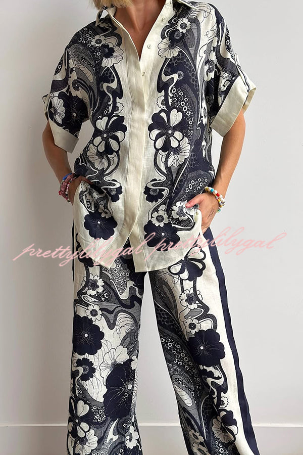 Linen Blend Lapel Short Sleeve Loose Top and Elastic Waist Casual Pocket Wide Leg Pants Set