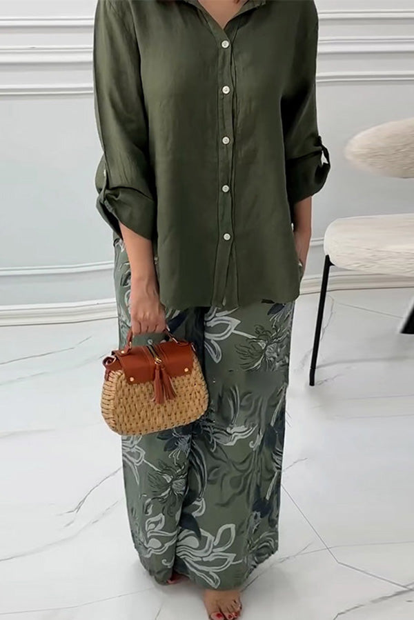 Fashion Lapel Long Sleeve Casual Shirt and Unique Print Elastic Waist Pocket Wide Leg Pants Set