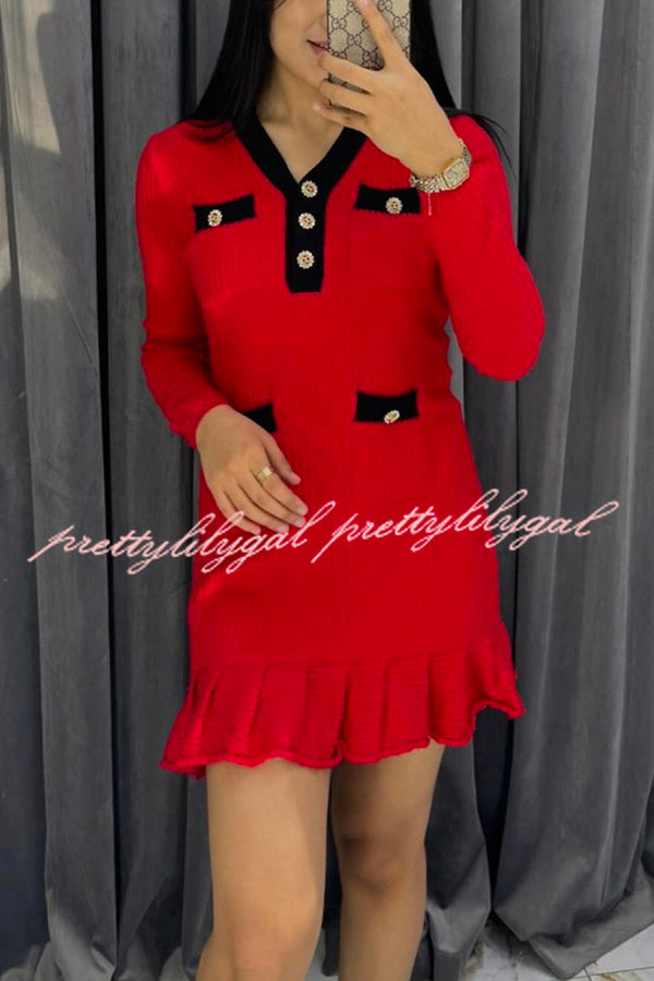 Stylish Waffle Contrast V-neck Ruffled Knitted Mini Dress