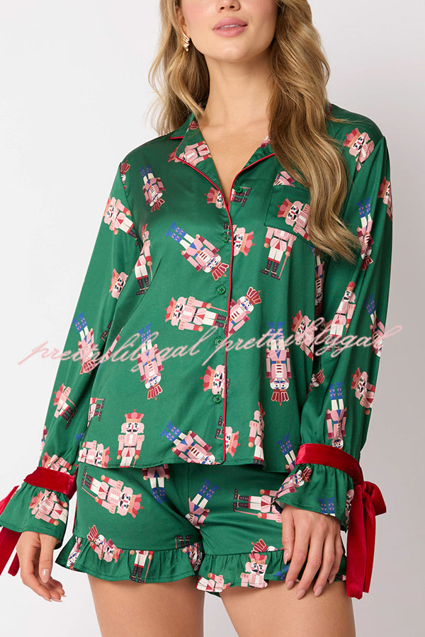 Christmas Fashion Printed Bow Tie Top and Elastic Waist Ruffle Shorts Set