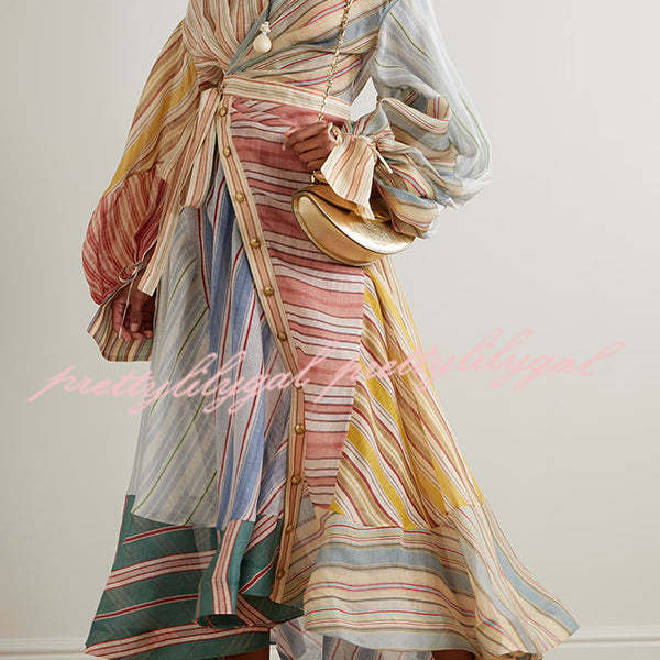 Rainbow Linen Blend Patchwork Striped Button Balloon Sleeve Wrap