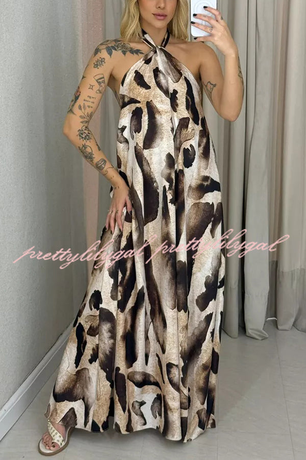 Leopard Print Sexy Halter Neck Backless Loose Maxi Dress