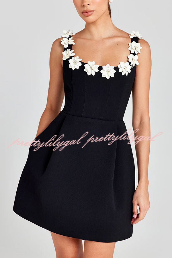 Cindy Faux Pearl Flower Applique Square Neck Pocketed Mini Dress