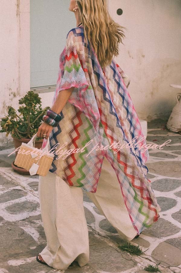 Sun Washed Knit Colorful Zigzag Pattern Asymmetric Hem Loose Cover-ups Kaftan