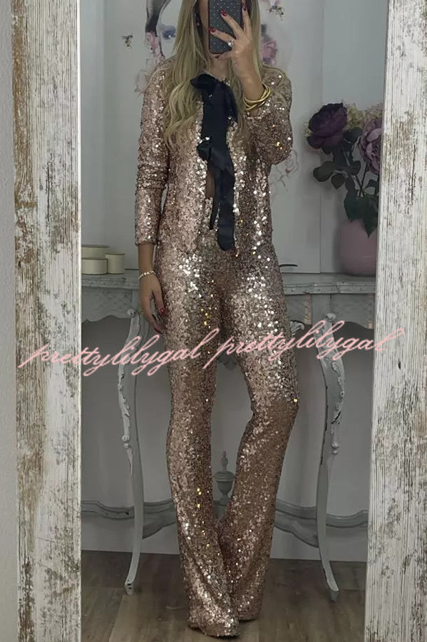 Holiday Cheer Sequin Tie-front Satin Bow Long Sleeve Jacket