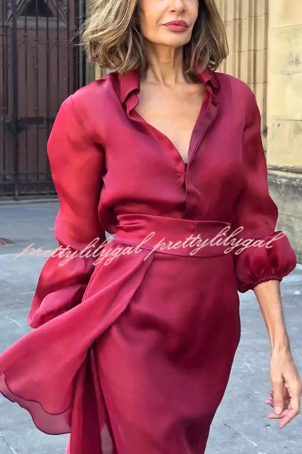 Lily Chiffon Bow Detail Puff Sleeve Blouse and Elegant Layered Maxi Skirt Set